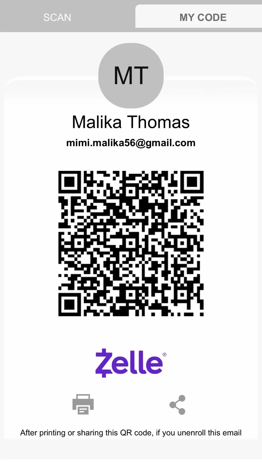 Zelle QR Code for Malika Thomas